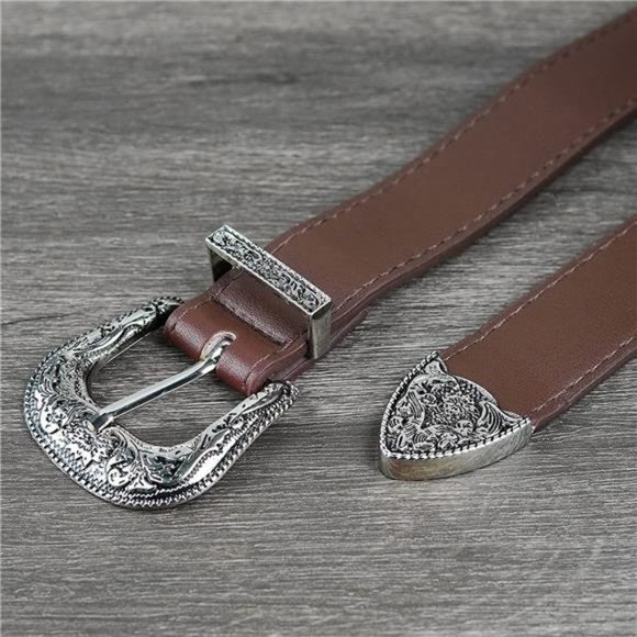 INOGIH Western-Leather-Belts Vintage Waist-Belts with Hollow Out Flower Buckle main image 5